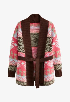 Knit cardigan in pink, brown, and green hues; features a patterned design, open front, and a tie belt. Ribbed collar and sleeves.