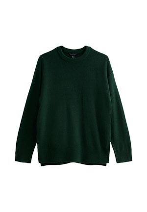 Maglione verde scuro con collo rotondo, maniche lunghe e una trama uniforme. Presenta un taglio dritto e spacchi laterali all'orlo.