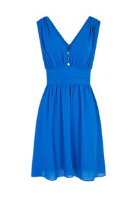 Abito senza maniche blu con scollo a V, vita arricciata e tre bottoni decorativi sul davanti. Tessuto morbido e leggero con un design fluido.