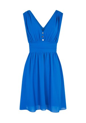 Vestido azul sin mangas con escote en V, cinturilla fruncida y tres botones decorativos en el frente. Tela suave y ligera con un diseño fluido.