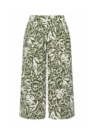 Broek met wijde pijpen met groene en witte tropische blad- en bloemenprint, elastische tailleband, knielengte.