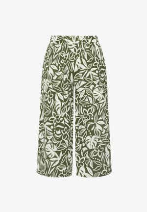 Hose mit weitem Bein mit grünem und weißem tropischem Blatt- und Blumenmuster, elastischem Bund, knielang geschnitten.