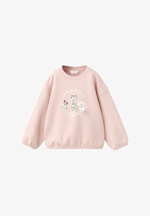 Light pink sweatshirt with long sleeves, featuring a graphic of three cartoon dogs and text "Shopping with my besties" in white.