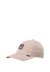 Beige cotton baseball cap with a black and pink logo patch on the front, featuring a curved brim and ventilation eyelets.