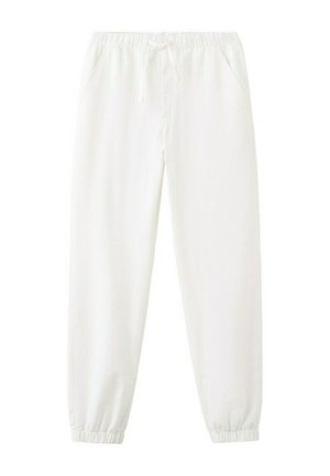 Pantalones jogger casuales blancos con cintura y puños elásticos, con bolsillos laterales y un cordón frontal.