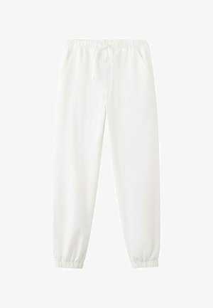 Witte casual joggerbroek met elastische tailleband en boorden, voorzien van zijzakken en een voorstrik.
