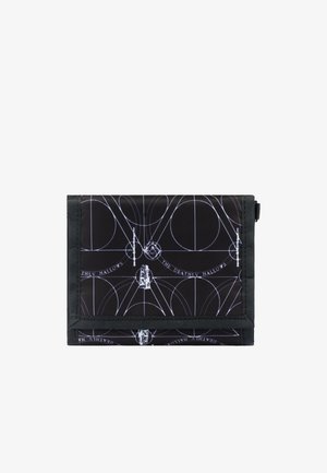 Schwarze Brieftasche mit einem geometrischen Muster in Weiß und dem Text "Die Heiligtümer des Todes", gefertigt aus strapazierfähigem synthetischem Material mit einem Reißverschluss.