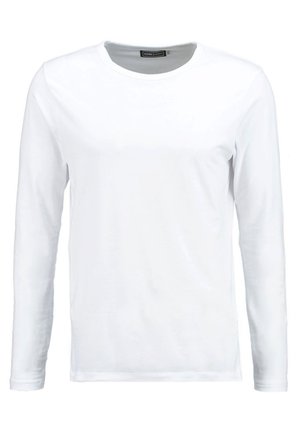 White long-sleeve t-shirt made of cotton, featuring a crew neckline and a smooth texture. No patterns or accents. Simple design.