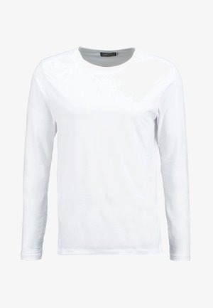 Hvit langermet t-skjorte laget av bomull, med rund hals og en jevn tekstur. Ingen mønstre eller detaljer. Enkel design.