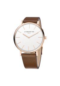 Runde Armbanduhr mit einem weißen Ziffernblatt, Gehäuse aus roségoldfarbenem Edelstahl und braunem Lederarmband. Kennzeichnet minimalistische Stundenmarkierungen und Zeiger.