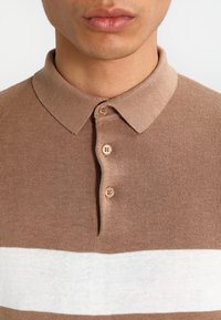 Polo shirt marrone con una striscia orizzontale bianca, dotato di colletto, tre bottoni e un tessuto a maglia texturizzata.