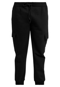 Svart fleece-joggers med elastisk midja, dragsko, tapered ankel och sidofickor. Mjuk textur och enkel design.