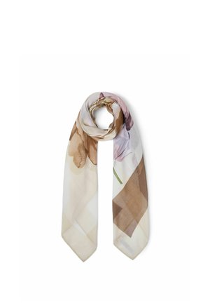 Sciarpa leggera con motivo floreale beige, marrone e rosa, avvolta morbida al centro su sfondo bianco.