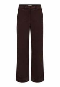 Brūnas platas kāju bikses ar gludu audumu, kas raksturo taisna griezuma un standarta jostasvieta, paredzētas brīvai piegulšanai.