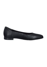 Scarpe flat nere in pelle liscia; design con punta appuntita; profilo basso con una suola sottile e leggermente texture; dettagli di cucitura minimi.