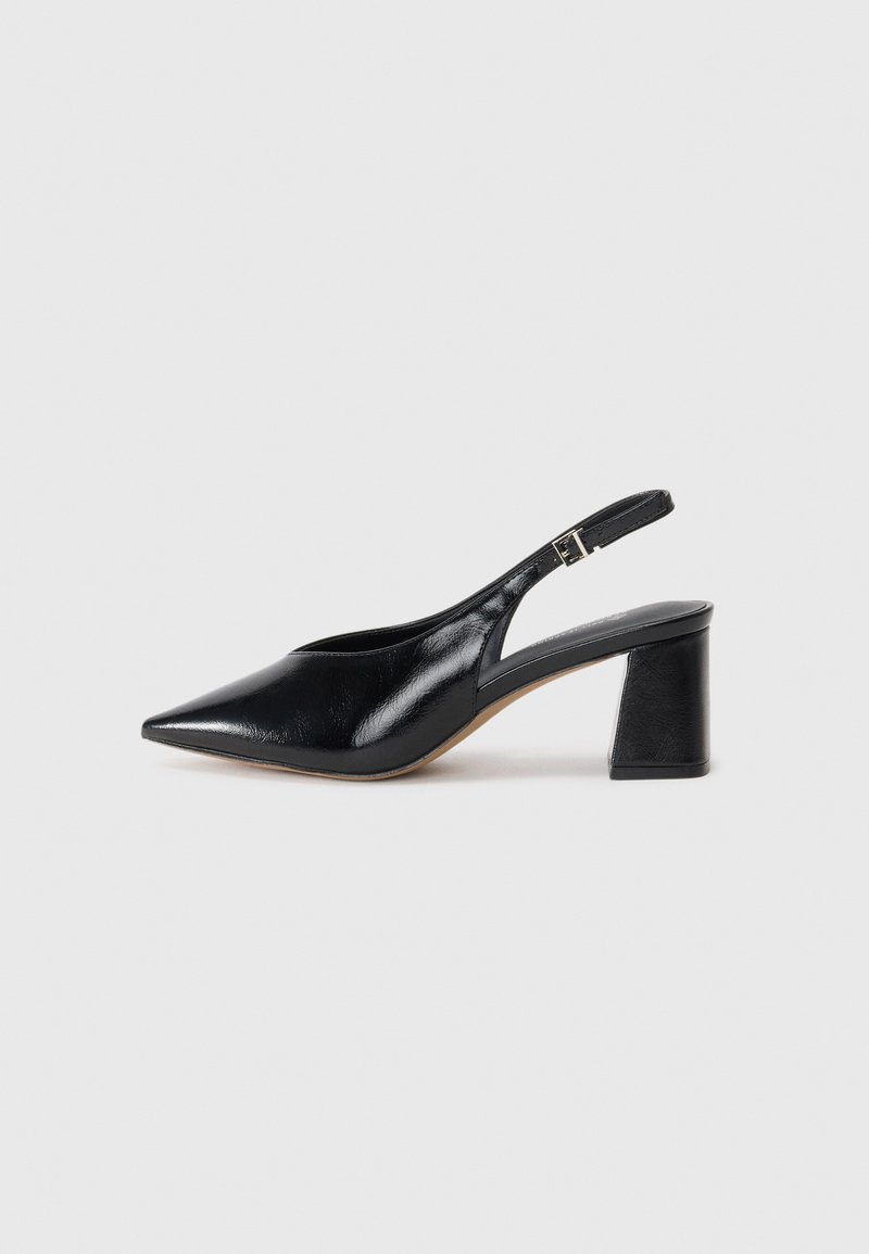Black leather slingback shoe with a pointed toe and chunky heel. Features a strap with a silver buckle and smooth surface texture.