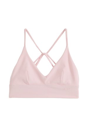 Lys rosa sports-BH med tynne dobbelte kryssede justerbare stropper og bred elastisk bånd nederst.