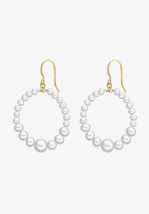 Korvar av guldton med en rad av vita pärlor i olika storlekar, vilket skapar en texturerad och elegant design.