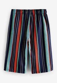 Pantaloni corti a strisce con vita elastica; presenta linee verticali in blu navy, rosso, verde e bianco; realizzati in tessuto leggero e traspirante.