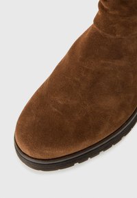 Braune Wildleder-Ankle Boots mit runder Zehenform und Gummisohle, die eine glatte Textur aufweisen und keine sichtbaren Beschläge oder Verzierungen haben.