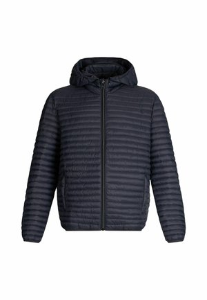 Laivaston sininen vuorattu puffer-takki hupulla, jossa on edessä vetoketju ja joustavat hihansuut, kevyt, sileä ja kompakti muotoilu.