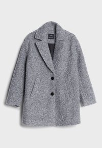Šedý kabát z vlněné směsi s texturovaným povrchem, klopovými límci, dvěma bočními kapsami a černými knoflíky. Volný oversize silueta.