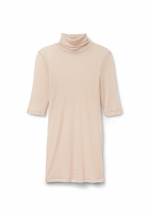 Helles rosa, geripptes Turtleneck-Oberteil mit kurzen Ärmeln, das über eine weiche Textur und eine lockere Passform verfügt, die für Komfort und ein angenehmes Tragegefühl sorgt.