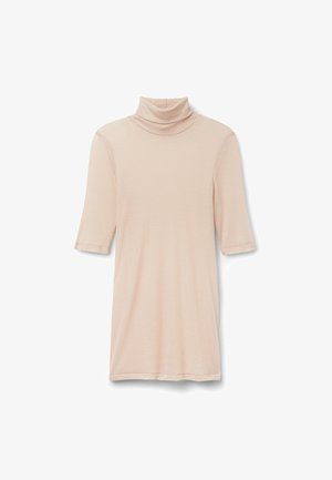 Helles rosa, geripptes Turtleneck-Oberteil mit kurzen Ärmeln, das über eine weiche Textur und eine lockere Passform verfügt, die für Komfort und ein angenehmes Tragegefühl sorgt.