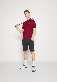 Bordová polokošeľa s krátkymi rukávmi; čierne športové šortky. Model drží golfovú palicu, na nohách má biele tenisky so sivými akcentmi. Prítomné logo CK.
