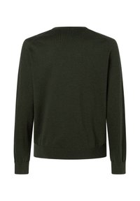 Pull en maille à manches longues de couleur vert foncé, avec un col rond, des poignets et un ourlet côtelés. Texture lisse, sans motifs ni accents visibles.