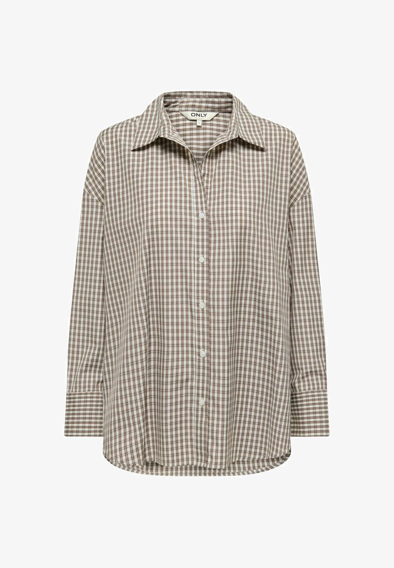Chemise à manches longues avec motif à carreaux marron et blanc et col pointu, étiquetée "ONLY" à l'intérieur du col.