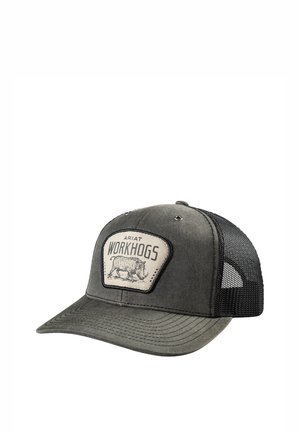 Dunkelgraue und schwarze Trucker-Kappe mit Netzrückseite und Frontaufnäher mit einem Wildschwein und dem Text "Ariat Workhogs".