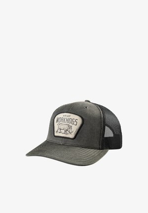 Dark gray and black trucker cap with mesh back and front patch showing a wild boar and text "Ariat Workhogs."