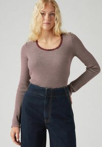 Langsleeve top in bordeaux en crème strepen, met een gegolfde halslijn en een aansluitend ontwerp, gecombineerd met hoge taille donkere denim broek.