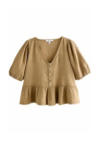 Hellbraune, strukturierte Bluse mit kurzen Puffärmeln, tiefem V-Ausschnitt, fünf Knöpfen vorne und einem gerafften Peplum-Saum.