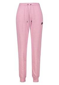 Nike joggers i mjukt rosa, med dragsko i midjan, elastiska ärmslut och en svart logotyp i övre vänstra benet.