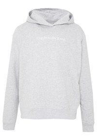 Sudadera con capucha gris hecha de una suave mezcla de algodón. Presenta un logo blanco centrado de "CALVIN KLEIN JEANS" y un bolsillo frontal. Corte estándar.