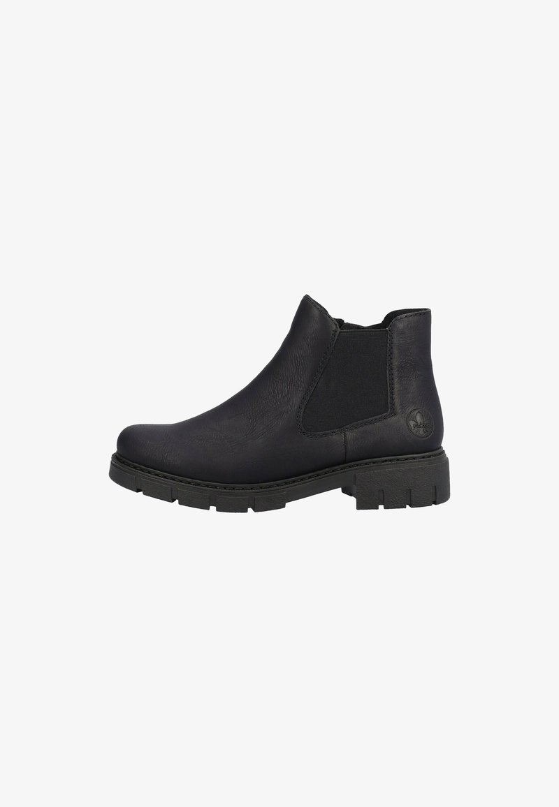 Schwarze Lederknöchelstiefel mit elastischen Seiteneinsätzen, strukturiertem Finish und einer dicken, profilierten Sohle. Mit einem Logo-Highlight an der Ferse.