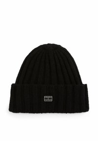Zwart gebreide beanie met een ribbeltextuur en een omgevouwen rand. Heeft een klein logo-etiket aan de voorkant.