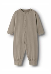 Bodysuit s dugim rukavima, bež boje, izrađen od mekanog materijala, s okruglim izrezom i prednjim kopčanjem na dugme, s elastičnim manžetama i opuštenim krojem.