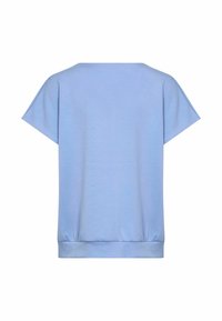Light blue short-sleeve top with a relaxed fit, featuring a round neckline and a gathered hem, made from soft, smooth fabric.
