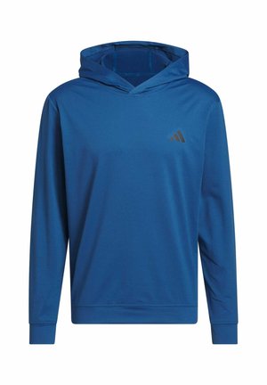 Blauer Kapuzenpullover aus leichtem Stoff, mit langen Ärmeln und einem kleinen schwarzen Logo auf der oberen linken Seite.