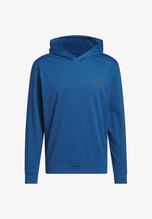 Blauer Kapuzenpullover aus leichtem Stoff, mit langen Ärmeln und einem kleinen schwarzen Logo auf der oberen linken Seite.