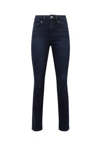Dark denim jeans with a straight-leg cut, featuring a classic five-pocket design, a front button closure, and subtle stitching details.