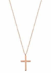 Collar con cruz de oro rosado con un acabado pulido, suspendido de una delicada cadena enlazada. Diseño simple y elegante.