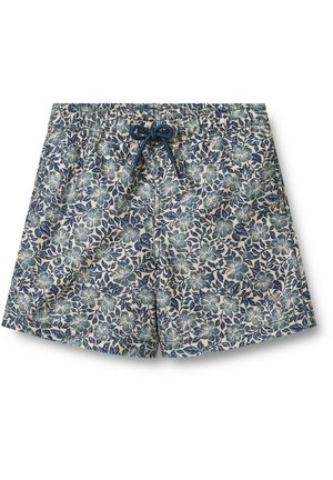 Shorts de bain fleuris présentant un motif de feuilles et de fleurs bleu et vert sur un fond clair, avec une taille élastique et un cordon de serrage.
