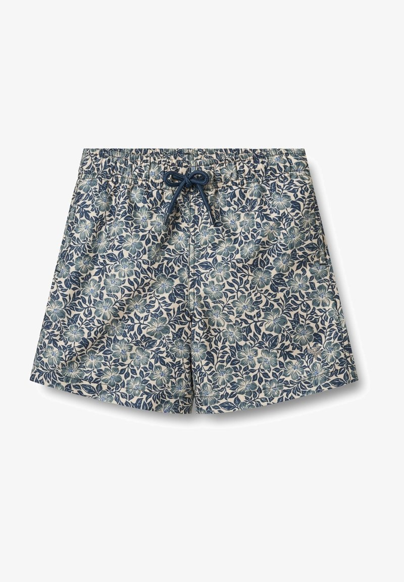 Gėlių maudymosi šortai su mėlynais ir žaliais lapų bei gėlių raštais ant šviesaus fono, su elastinga juosta ir raišteliu.