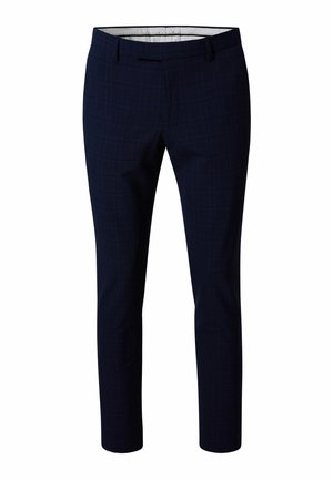 Marineblauwe slim-fit pantalon met subtiel ruitpatroon, voorzakken, riemlussen en ritssluiting.