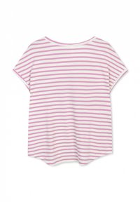 Gestreept T-shirt in roze en wit, korte mouwen, ronde halslijn, zachte stof, relaxte pasvorm, licht gebogen zoom aan de onderkant.