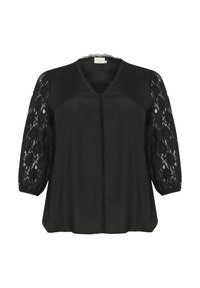 Black blouse with a v-neck, smooth satin body, and sheer lace three-quarter sleeves. Features decorative scalloped trim along the neckline.